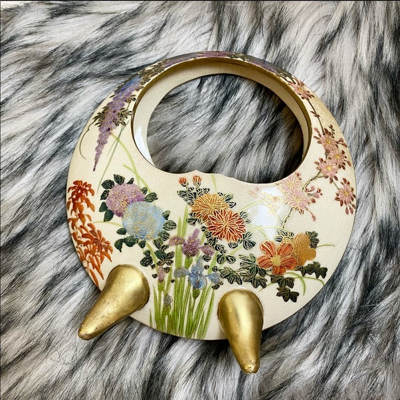 Antique Porcelain Japanese Satsuma Moon Vase Hand Painted Filigree Floral Bamboo - Picture 2 of 7